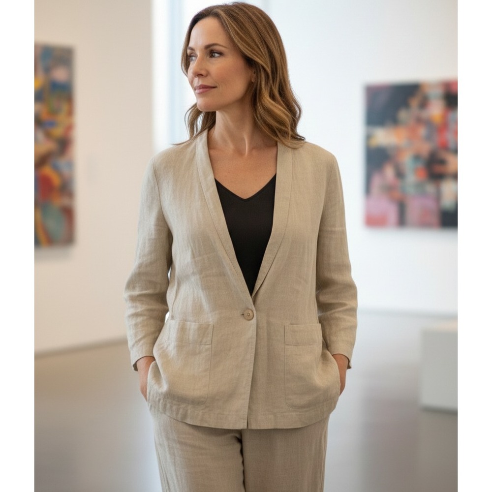 Eileen Fisher Women's Small Beige Shawl‎ Collar Long SLeeve Linen Blazer